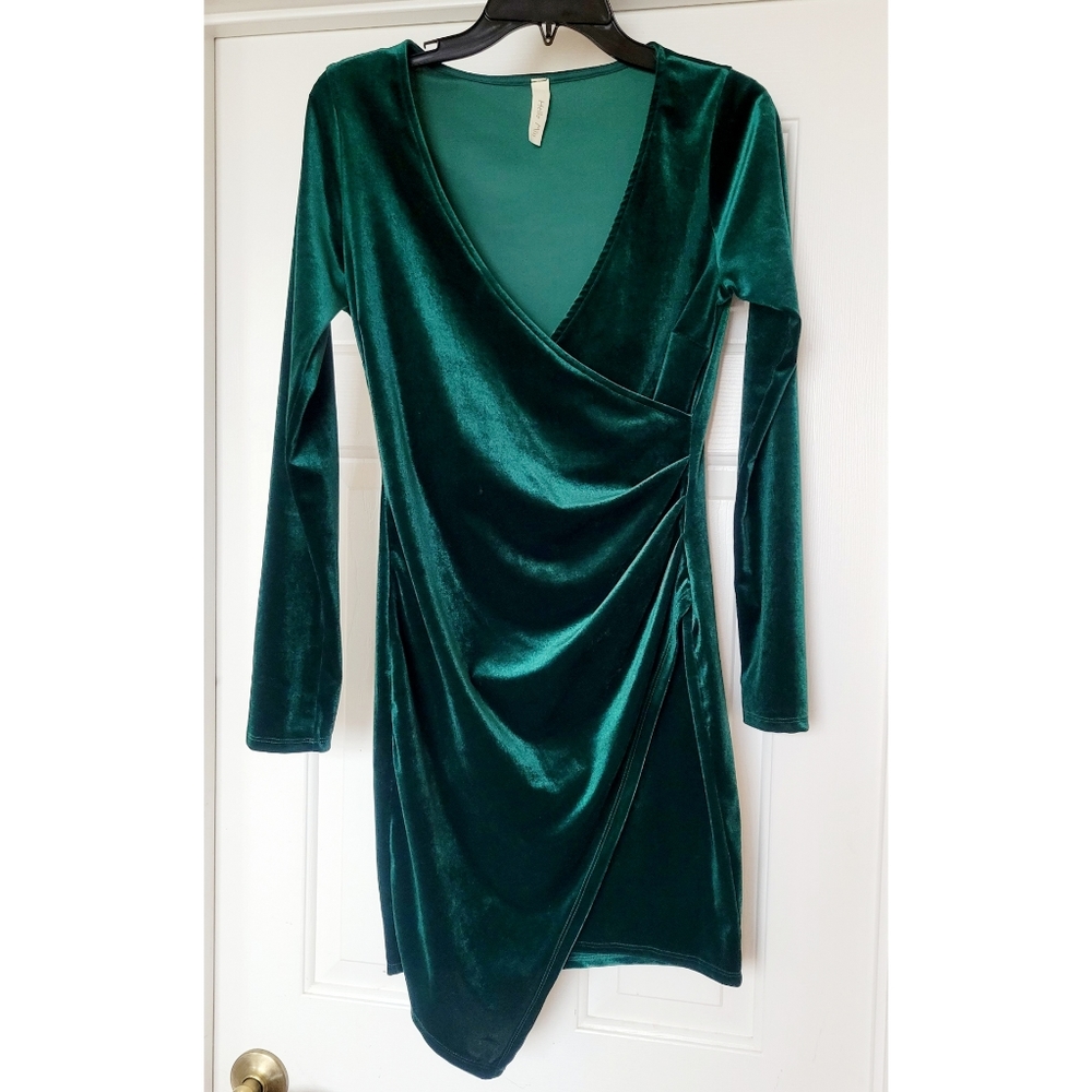 Hello Miss Teal Velvet Wrap Mini Dress